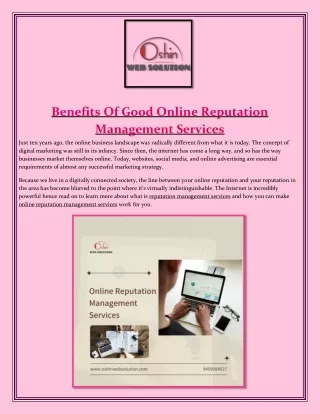 Benefits Of Good Online Reputation Management Services