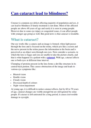 Can cataract lead to blindness?