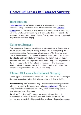 Choice Of Lenses In Cataract Surgery
