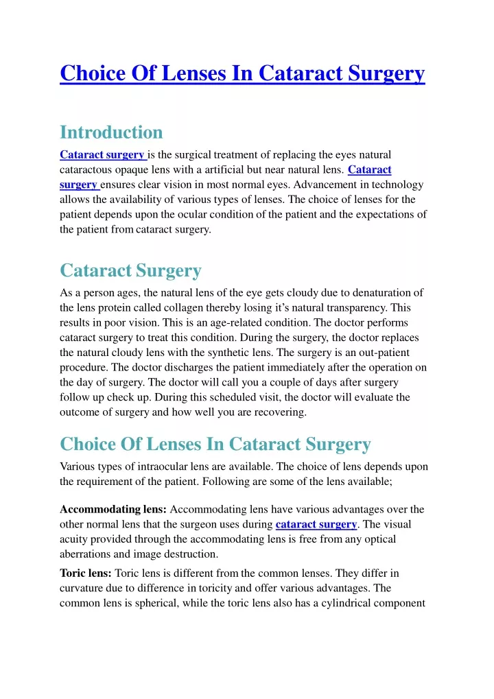 choice of lenses in cataract surgery