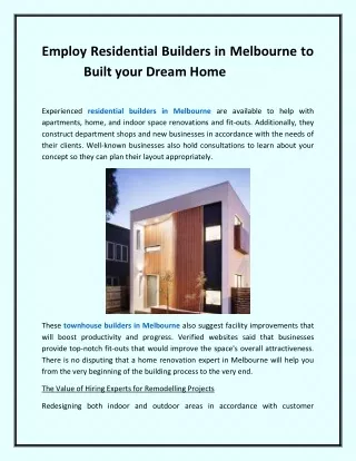 Employ Residential Builders in Melbourne to Built your Dream Home