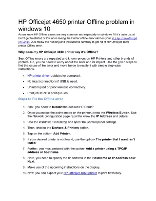 HP Officejet 4650 printer Offline problem in windows 10