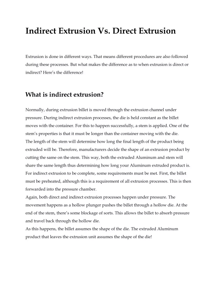 indirect extrusion vs direct extrusion