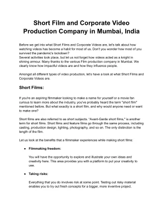 Short Film and Corporate Video Production Company in Mumbai, India