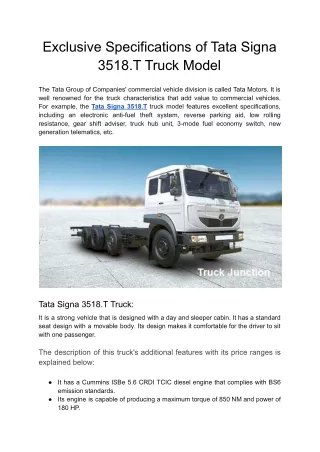 Exclusive Specifications of Tata Signa 3518.T Truck Model