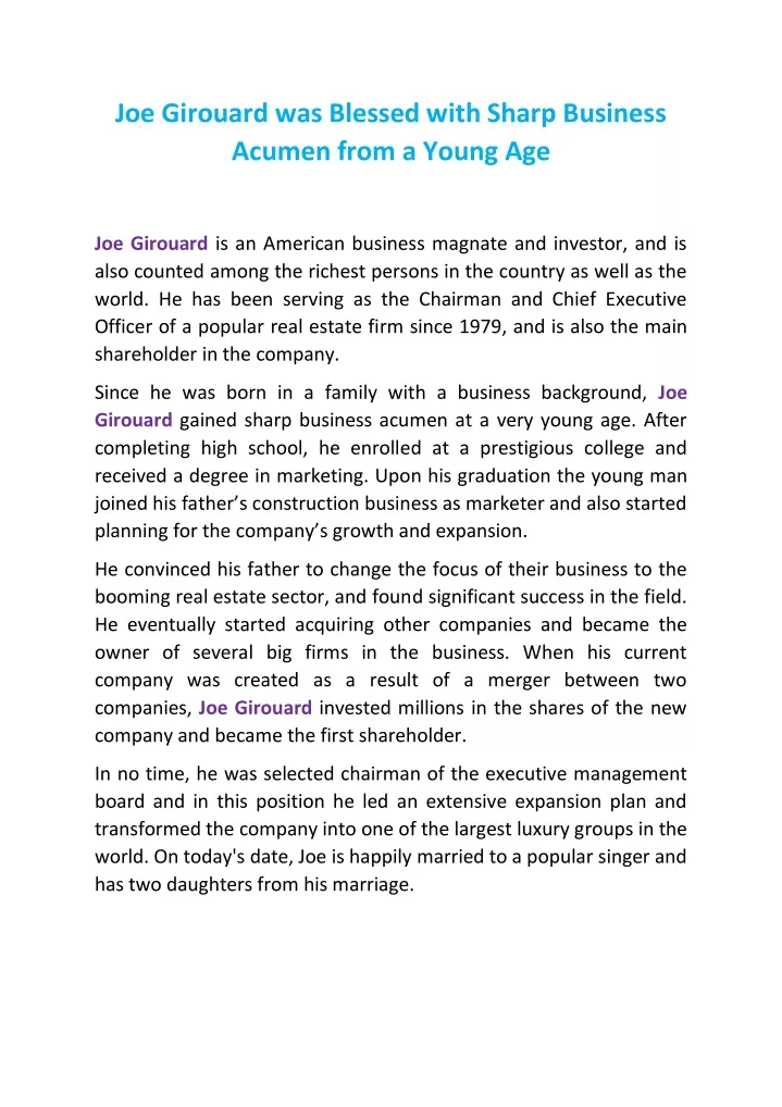 joe girouard was blessed with sharp business