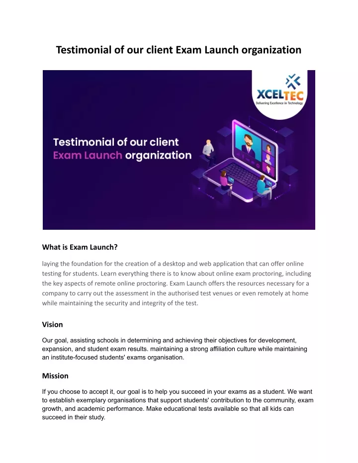 testimonial of our client exam launch organization