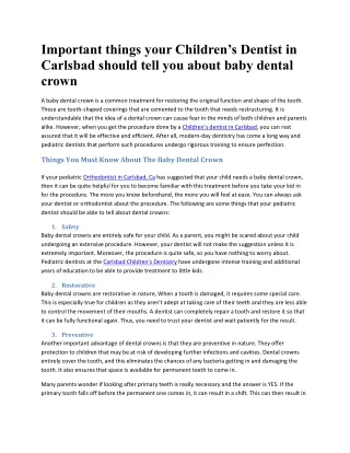 Important things your Children’s Dentist in Carlsbad should tell you about baby dental crown