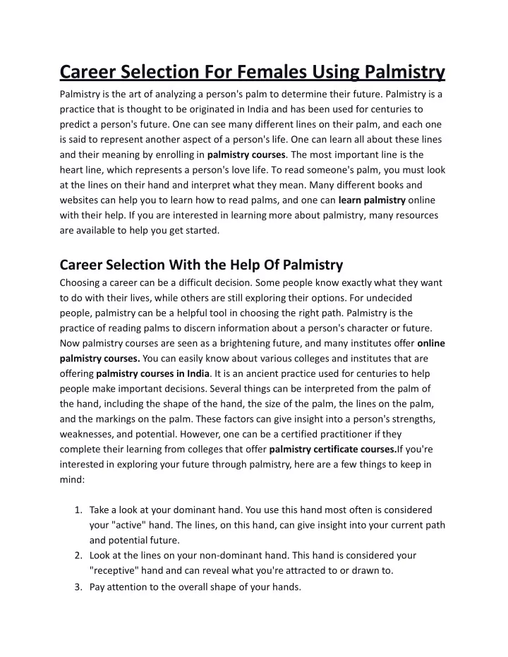 career selection for females using palmistry