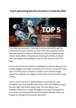 Top 5 Upcoming Electric Scooters In India By 2023