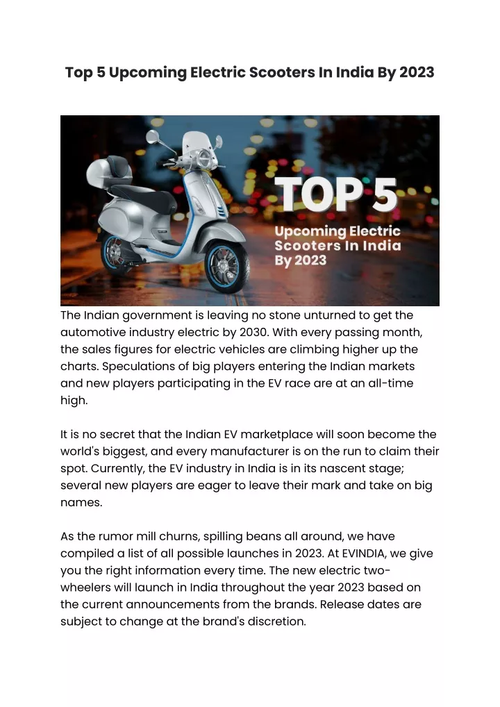 top 5 upcoming electric scooters in india by 2023