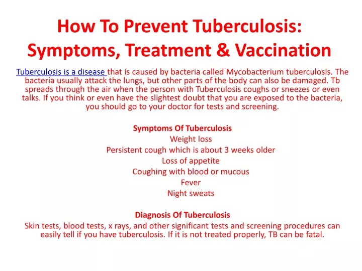how to prevent tuberculosis symptoms treatment