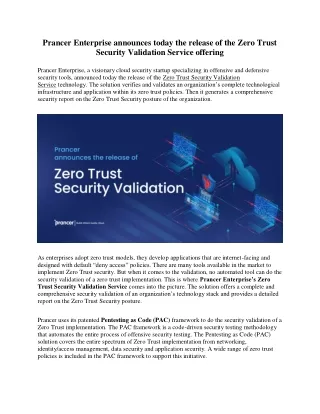 Prancer Enterprise announces today the release of the Zero Trust Security Validation Service offering