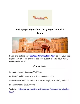 Package for Rajasthan Tour | Rajasthan Visit Tours