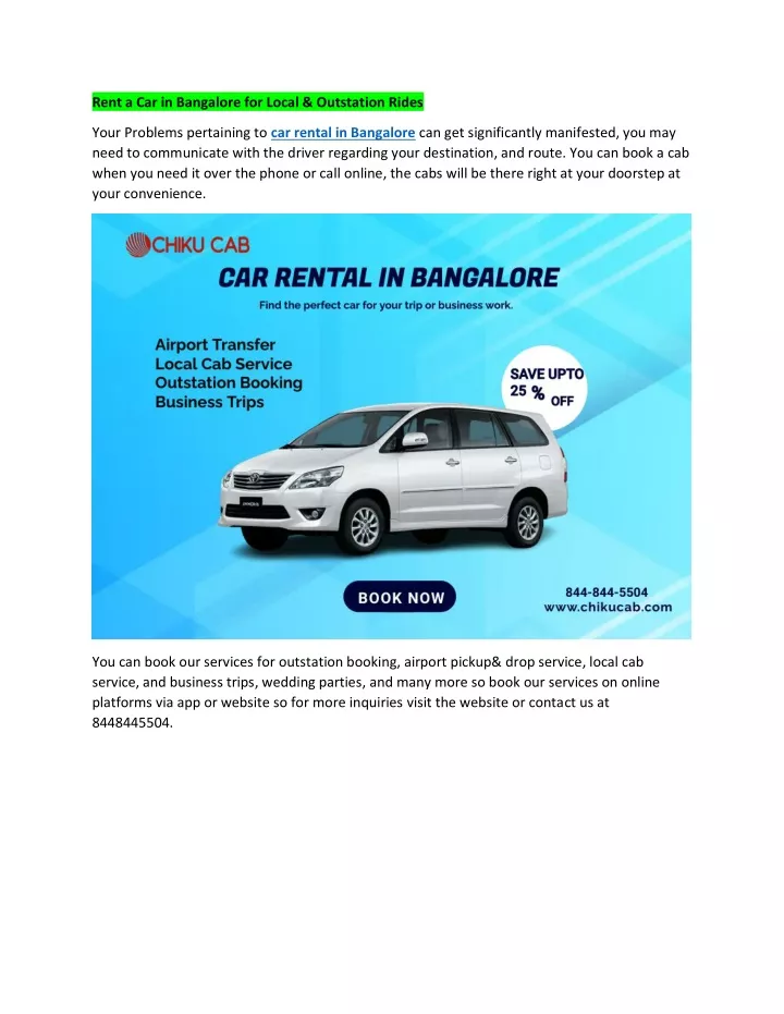 rent a car in bangalore for local outstation rides