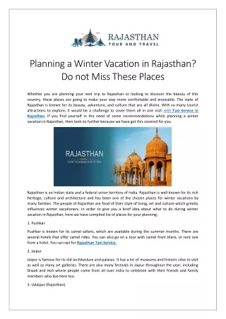 Planning a Winter Vacation in Rajasthan Do not Miss These Places.