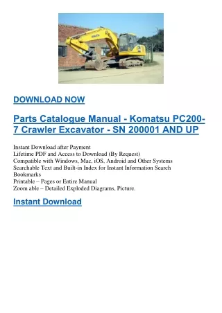 Komatsu PC200-7 Crawler Excavator Parts Catalogue Manual SN 200001 AND UP