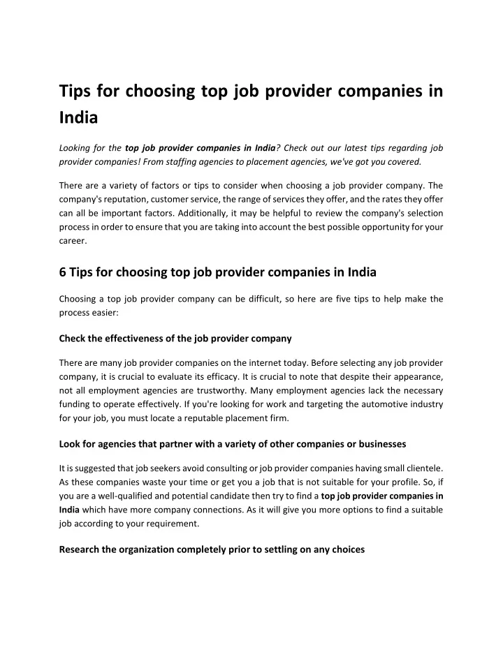 tips for choosing top job provider companies