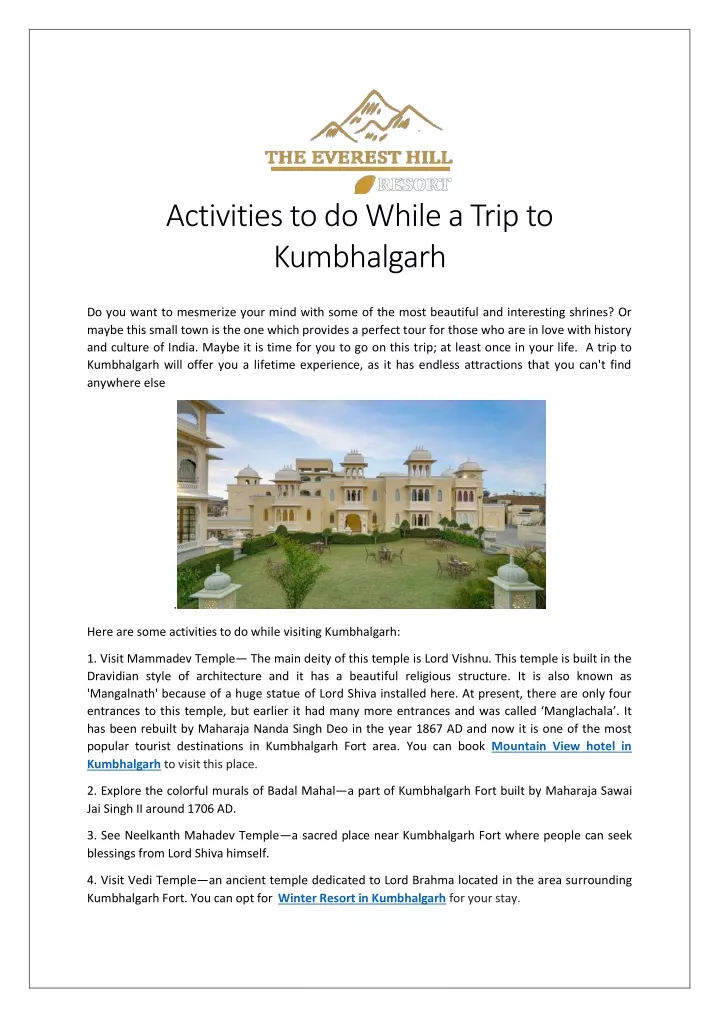activities to do while a trip to kumbhalgarh