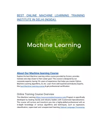 BEST ONLINE MACHINE LEARNING TRAINING INSTITUTE IN DELHI (NOIDA).