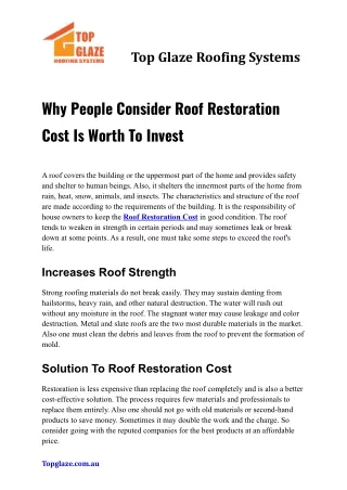 Why People Consider Roof Restoration Cost Is Worth To Invest