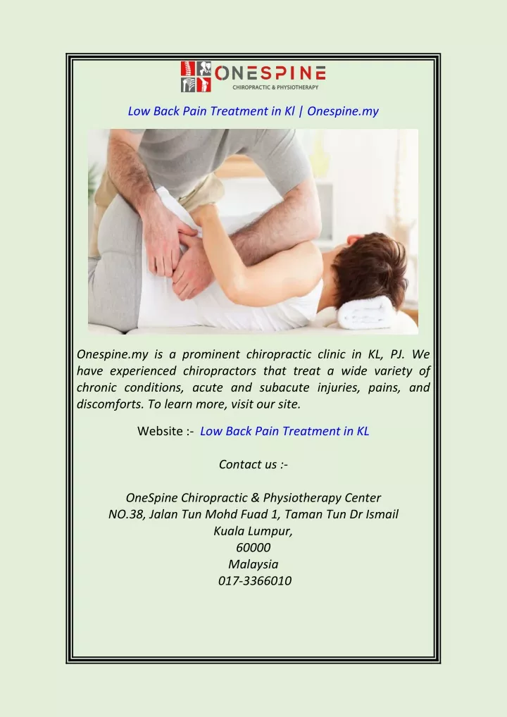 low back pain treatment in kl onespine my