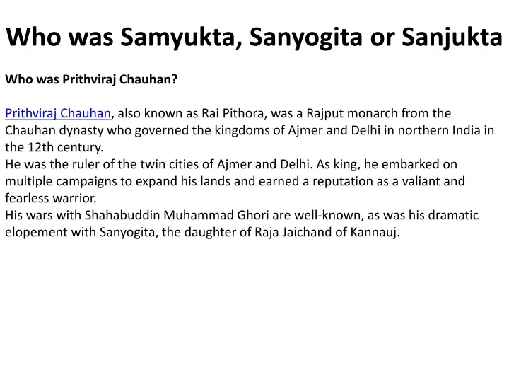who was samyukta sanyogita or sanjukta