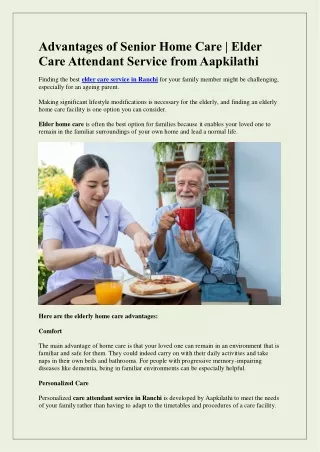 Advantages of Senior Home Care | Elder Care Attendant Service from Aapkilathi