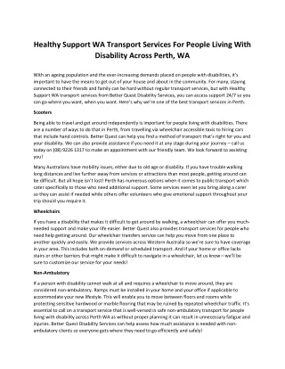 Healthy Support WA Transport Services For People Living With Disability Across Perth, WA