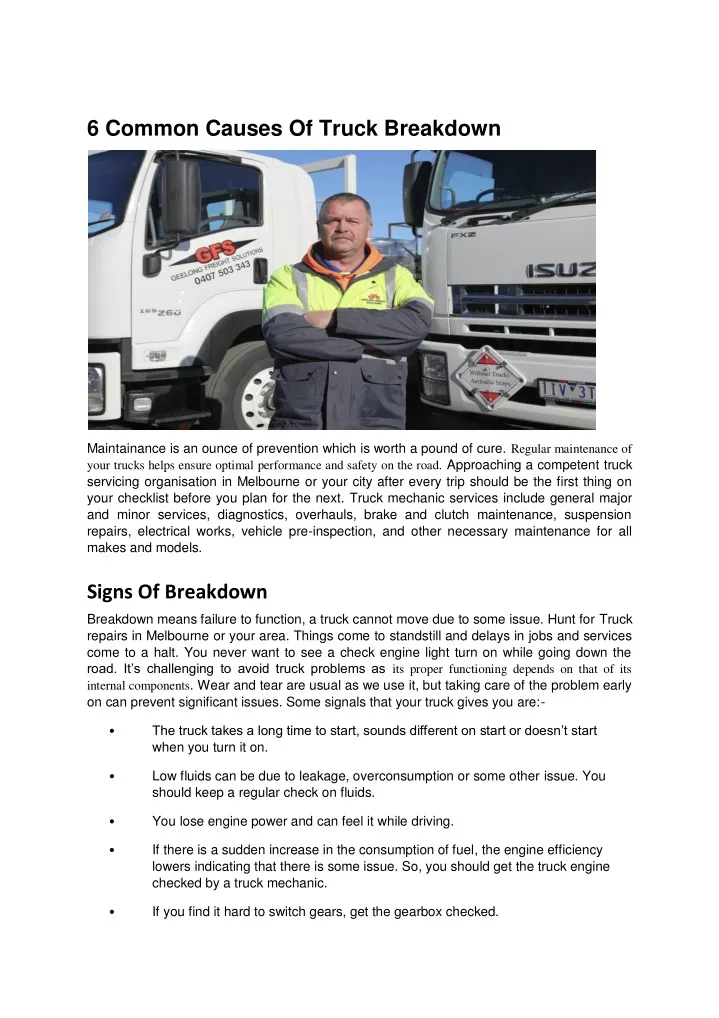 6 common causes of truck breakdown