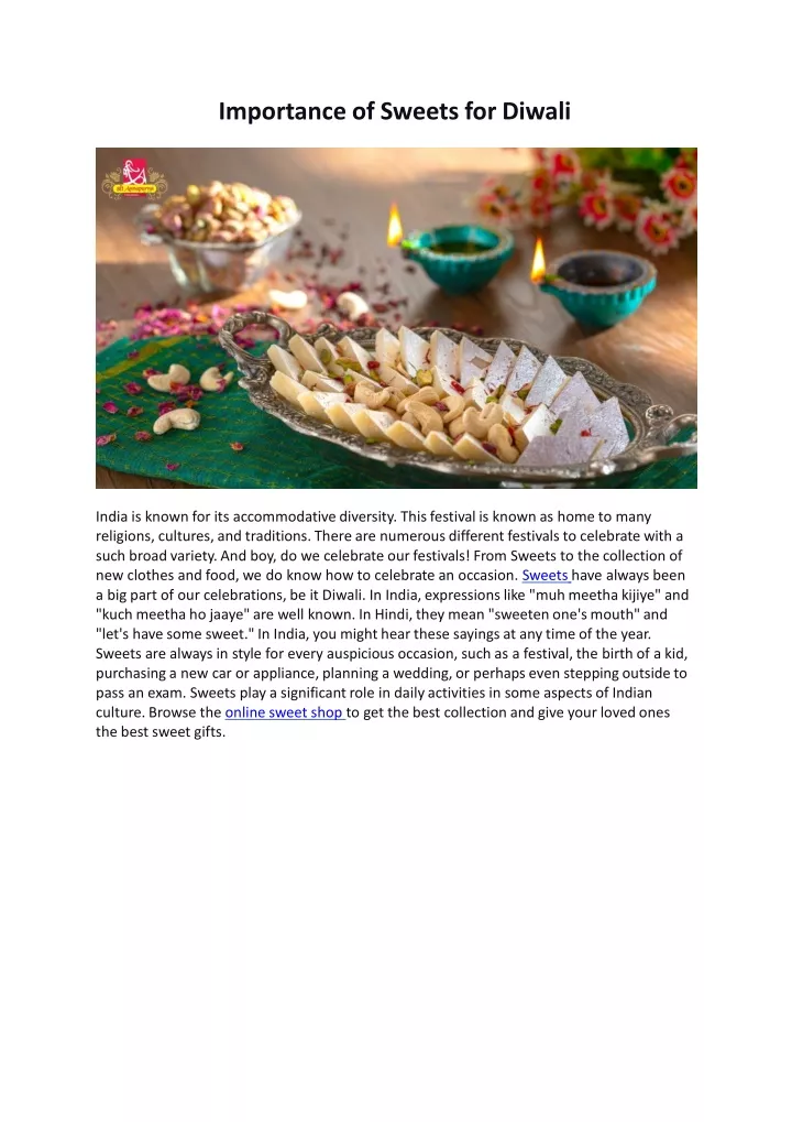 importance of sweets for diwali