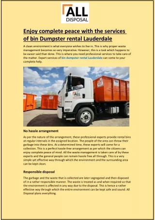 Enjoy complete peace with the services of bin Dumpster rental Lauderdale