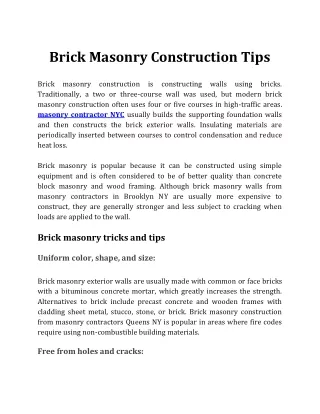 Brick Masonry Construction Tips