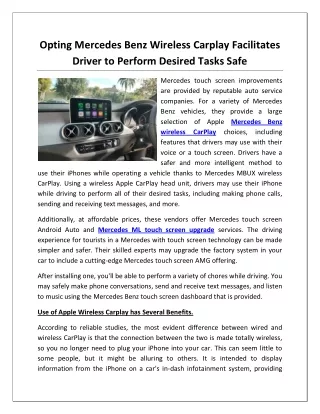 Opting Mercedes Benz Wireless Carplay Facilitates Driver to Perform Desired Tasks Safe