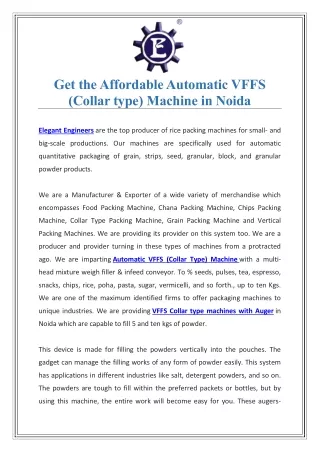 Get the Affordable Automatic VFFS (Collar type) Machine in Noida
