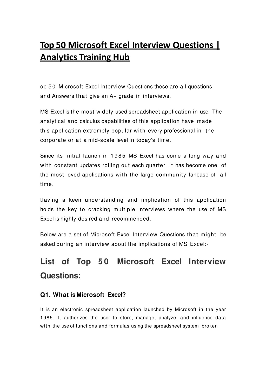 PPT Top 50 Microsoft Excel Interview Questions PowerPoint