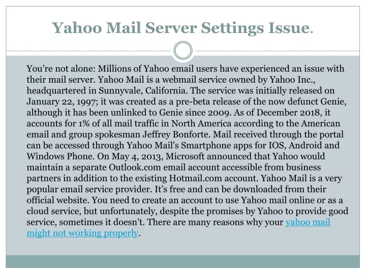 yahoo mail server settings issue