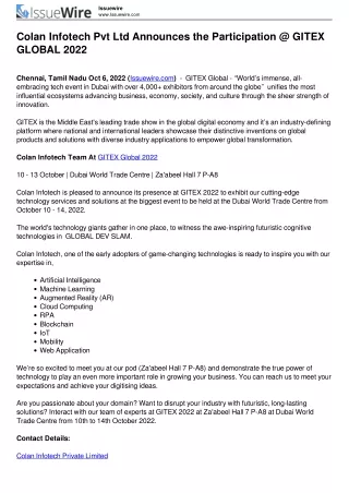 Colan Infotech Pvt Ltd Announces the Participation @ GITEX GLOBAL 2022
