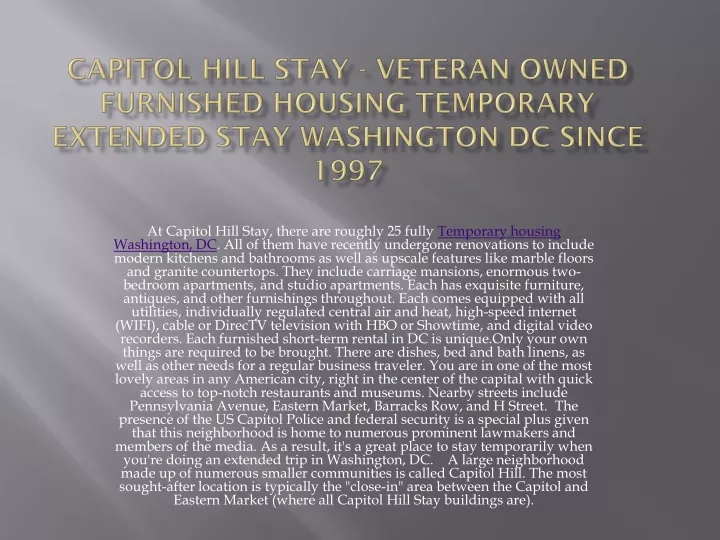 capitol hill stay veteran owned furnished housing temporary extended stay washington dc since 1997