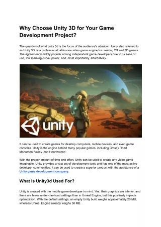 Why Choose Unity 3D For Your Game Development Project