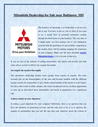 Mitsubishi Dealership for Sale near Baltimore, MD