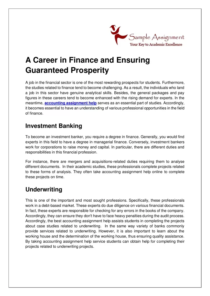 a career in finance and ensuring guaranteed