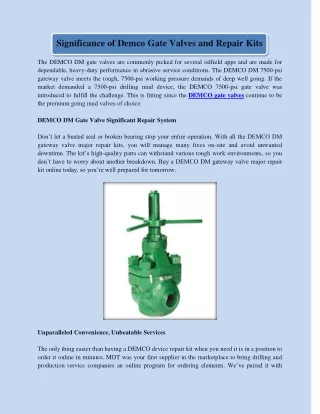Significance of Demco Gate Valves and Repair Kits