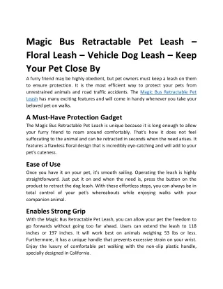 Magic Bus Retractable Pet Leash – Floral Leash – Vehicle Dog Leash