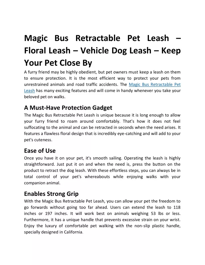 magic bus retractable pet leash floral leash