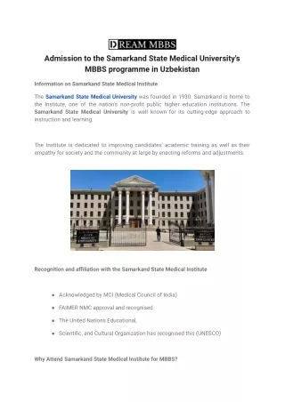 Admission to the Samarkand State Medical University's MBBS programme in Uzbekistan