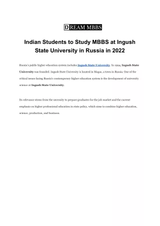 Indian Students to Study MBBS at Ingush State University in Russia in 2022
