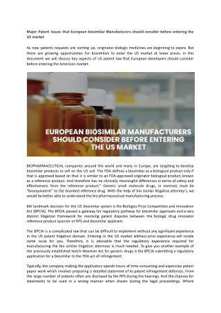 Major Patent issues that European biosimilar Manufacturers should consider before entering the US market.docx