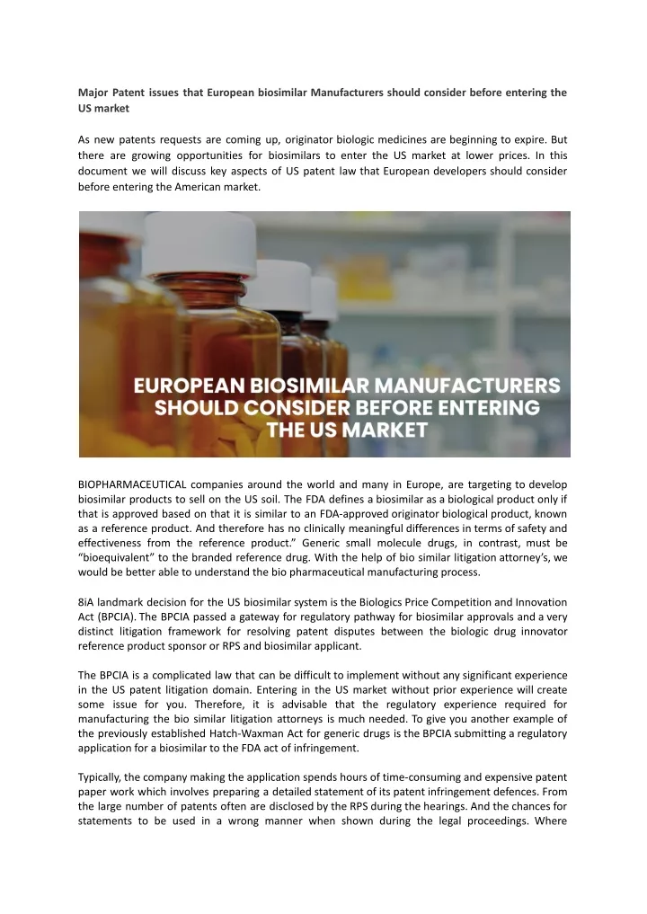 major patent issues that european biosimilar
