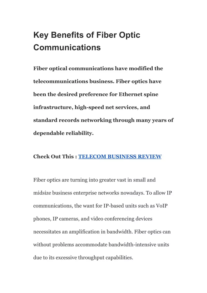 key benefits of fiber optic communications